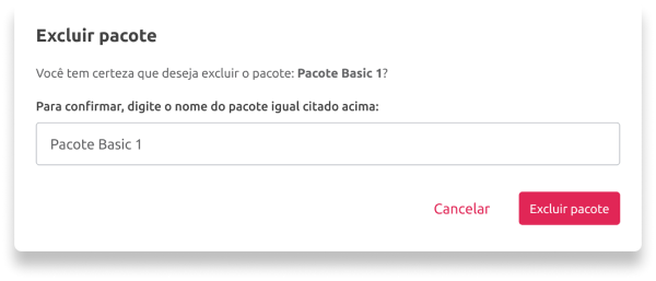 [Alt text: imagem da tela de exclusão de pacotes, com um campo para digitar o nome do pacote que será excluído e um botão escrito “excluir pacote”.]