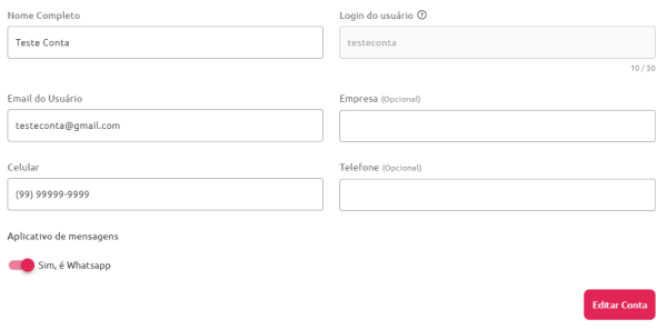 [Alt text: imagem do formulário com os dados de uma conta. As informações liberadas para edição são o nome completo, o e-mail do usuário, o celular, o alinhamento se o número fornecido também é WhatsApp, o nome da empresa e o número de telefone fixo. O único campo que não está liberado é o de login do usuário. Ao final do formulário, existe um botão chamado “Editar conta” para salvar as alterações.] 