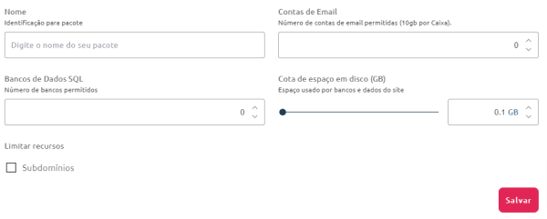 [Alt text: imagem do formulário a ser preenchido para criar um pacote, e está solicitando as informações de nome do pacote, número de banco de dados SQL, quantidade de contas de e-mail, cota de espaço em disco e a ativação/desativação de limite de subdomínios.]