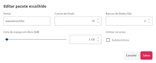 [Alt text: imagem do formulário com as configurações principais do pacote. As informações disponíveis para edição são o nome do pacote, o número de bancos de dados SQL, a quantidade de contas de e-mail, a cota de espaço em disco e a ativação/desativação de limite de subdomínios.]