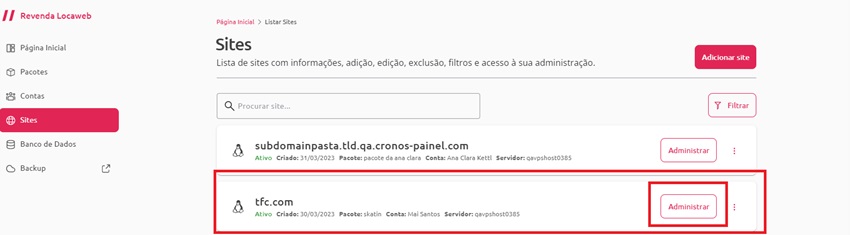 [Alt text: imagem da lista de sites mostrando o site “tfc.com” com um botão ao lado escrito “Administrar”. Ambos estão destacados com retângulos de bordas vermelhas em volta.] 