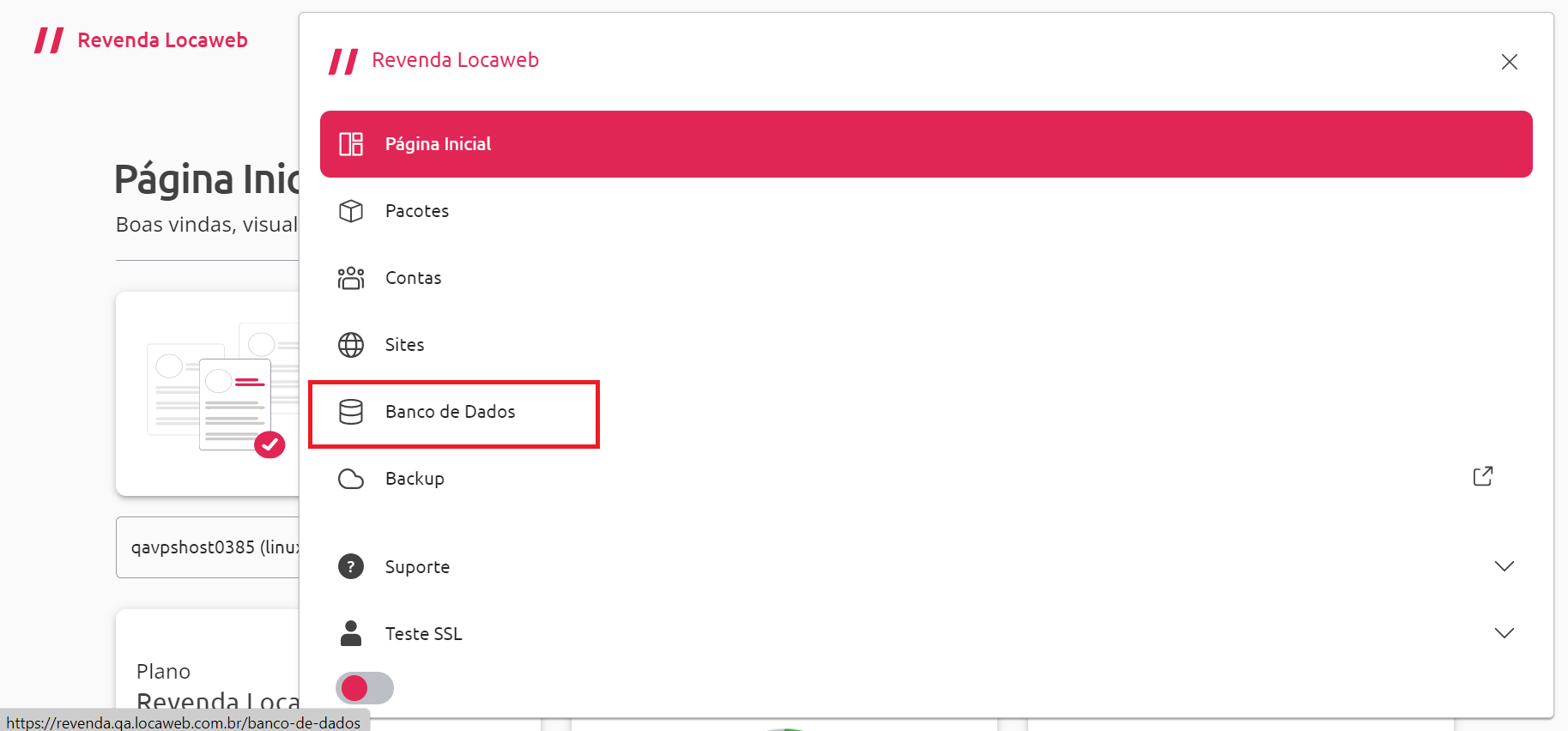  [Alt text: imagem do menu completo da página inicial da Revenda Locaweb mostrando a aba “Banco de dados” em destaque com um retângulo de bordas vermelhas e sem preenchimento.] 