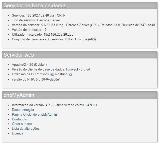 [Alt text: imagem da página destacando as áreas com as informações do servidor da base de dados, do servidor web e do próprio phpMyAdmin.] 