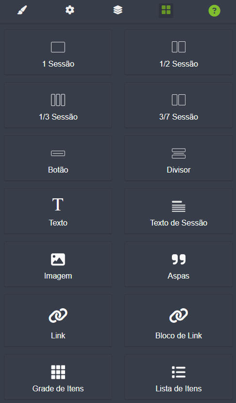 [Alt text: imagem da área de ferramentas de blocos usada dentro do novo criador de e-mails. Os nomes de cada uma são: “1 sessão”, “1/2 sessão”, “1/3 sessão”, “3/7 sessão”, “botão”, “divisor”, “texto”, “texto de sessão”, “imagem”, “aspas”, “link”, “bloco de link”, “grade de itens” e “lista de itens”.]