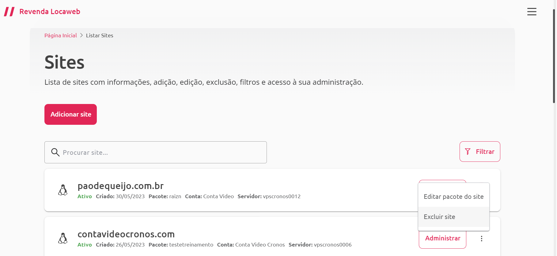 [Alt text: imagem do pequeno menu que aparece ao clicar nos três pontinhos. Estão sendo exibidas duas opções: “Editar pacote do site” e “Excluir site”.]