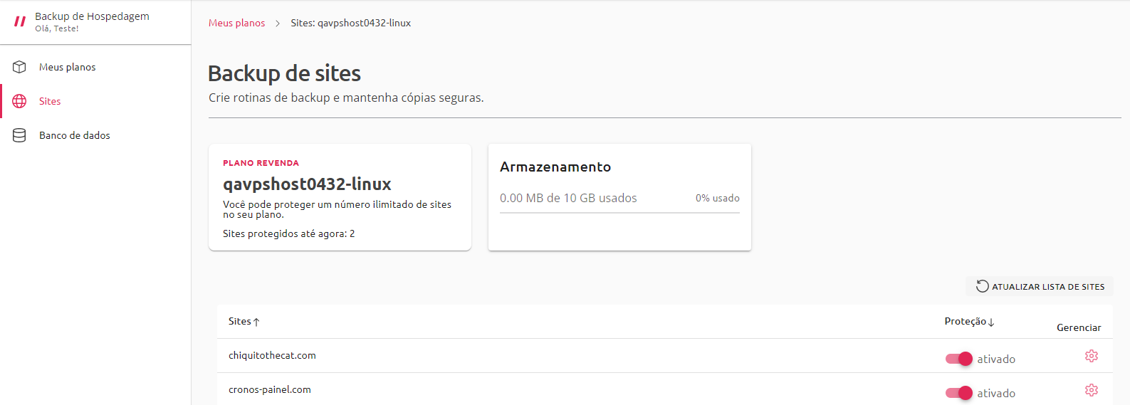 [Alt text: imagem do painel do plano de backup escolhido com uma listagem de sites disponíveis para ativar ou desativar a proteção.] 