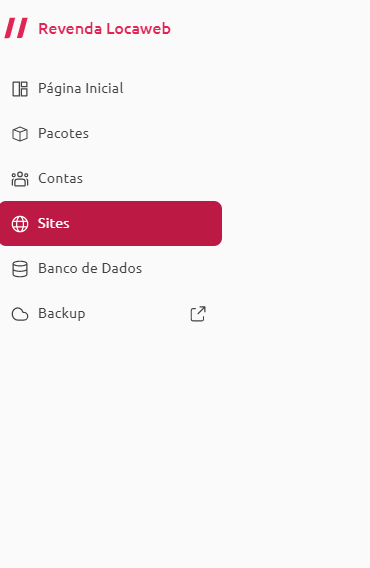 [Alt text: imagem do painel lateral da página inicial da Revenda Locaweb mostrando a aba “Sites” em destaque.]