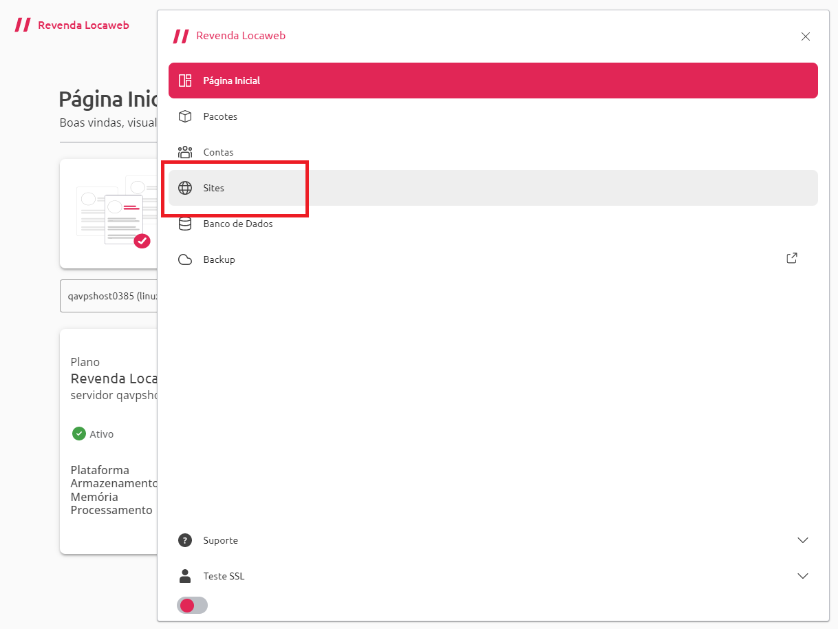  [Alt text: imagem do menu completo da página inicial da Revenda Locaweb mostrando a aba “Sites” em destaque com um retângulo de bordas vermelhas e sem preenchimento.]