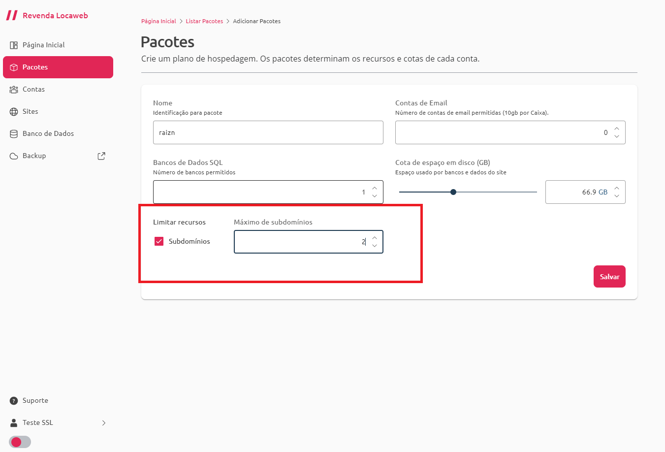 [Alt text: imagem da página de criação de novos pacotes destacando com um retângulo de bordas vermelhas a área própria para limitar recursos e adicionar subdomínios ao site.]