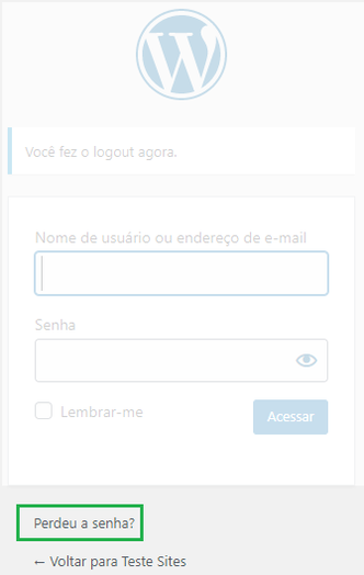 [Alt text: imagem da tela de login da área de administração de sites destacando o botão “Perdeu a senha?” na parte inferior da página, posicionado à esquerda.] 