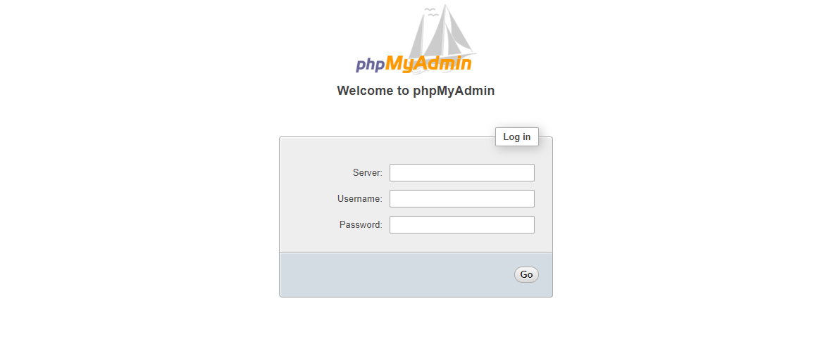 [Alt text: imagem da tela inicial de login da página phpMyAdmin solicitando o servidor, o nome e a senha. Ao final, há um botão escrito “Go” que, traduzindo para o português, significa “Ir”.] 