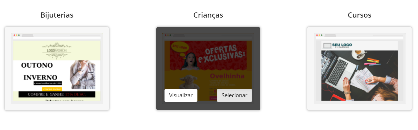  [Alt text: imagem da área do novo criador de sites exibindo três opções de modelos de temas diferentes: Bijuterias, Crianças e Cursos.]