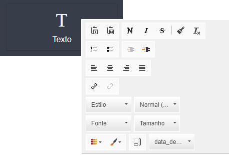 [Alt text: imagem da barra de ferramentas de edição destacando a funcionalidade chamada “Texto”, além de mostrar o quadro que abre ao clicar nessa opção, revelando todas as possibilidades de formatações de texto disponíveis.]