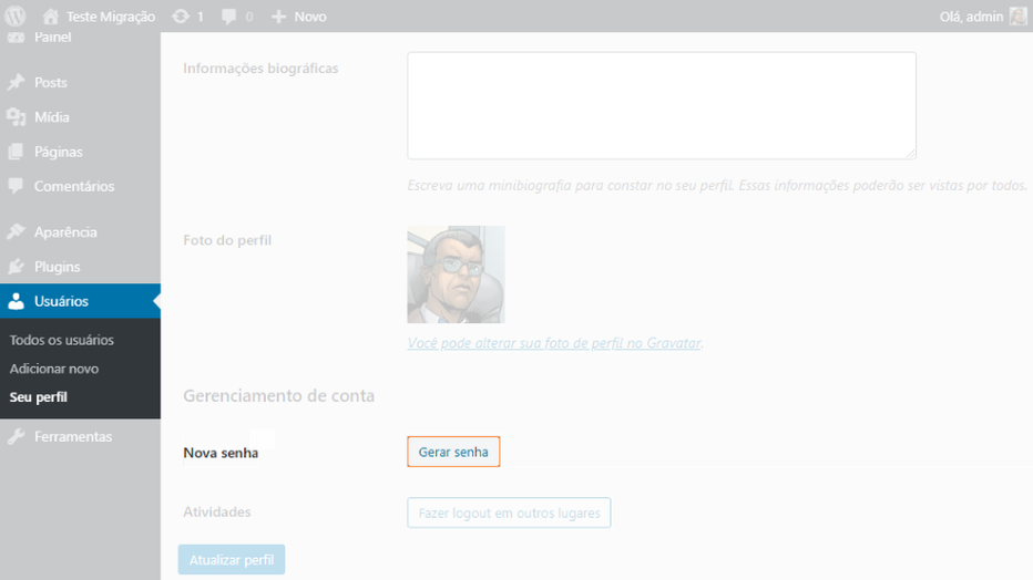 [Alt text: imagem da página de perfil dentro do WP-Admin mostrando a aba de “Usuários” presente no menu e o botão “gerar senha” em destaque.]  
