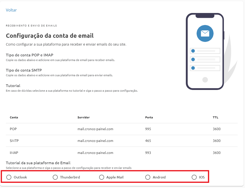 [Alt text: imagem da página de configuração de emails do Painel Cronos destacando a parte inferior da tela para mostrar os aplicativos disponíveis: o Outlook, o Thunderbird, o Apple Mail, o Android e o IOS.]  