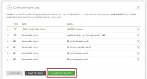 imagem da página de configurações da Zona DNS, mostrando os tipos de entrada TXT e MX, e destacando com um retângulo de bordas vermelhas o botão “Salvar Alterações” na parte inferior da tela.