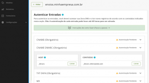 imagem da área de autenticação do domínio “envios.minhaempresa.com.br” exibindo uma lista com as entradas obrigatórias que estão pendentes.