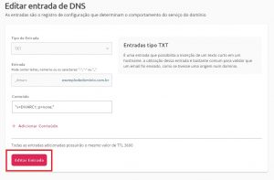 imagem da área de edição da entrada DMARC destacando com um retângulo de bordas vermelhas o botão “Editar Entrada” no final da página.