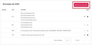 imagem da página de entradas DNS destacando com um retângulo sem preenchimento e de bordas vermelhas o botão escrito “Adicionar Entrada”, posicionado na parte superior direita da tela.