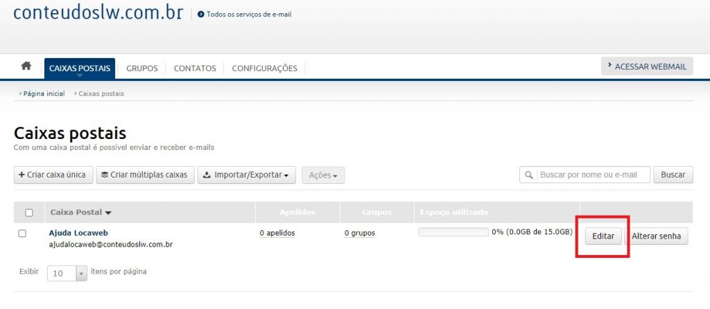 [Alt text: imagem da página com a lista de caixas postais destacando com um retângulo de bordas vermelhas o botão “editar”, que se encontra ao lado da barra que indica a quantidade de espaço utilizado pela caixa postal.]