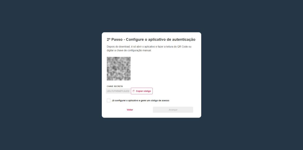 [Alt text: imagem com a segunda orientação indicando que o aplicativo de autenticação deve ser configurado com o QRcode disponibilizado ou a chave secreta exibida na tela.]