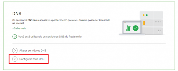 [Alt text: imagem da página de DNS do domínio que foi previamente selecionado. Na parte superior da tela, é possível encontrar uma frase dizendo “você está utilizando os servidores DNS do Registro.br”, e na parte inferior há duas opções de abas para serem selecionadas: “alterar servidores DNS” e “configurar zona DNS”. A segunda aba está destacada por um retângulo de bordas vermelhas.]