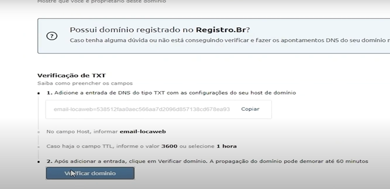 [Alt text: Imagem da aba de verificação de domínio destacando agora a segunda etapa do processo. Nesta etapa, há um texto indicando o que deve ser feito e um botão escrito “verificar domínio”.] 