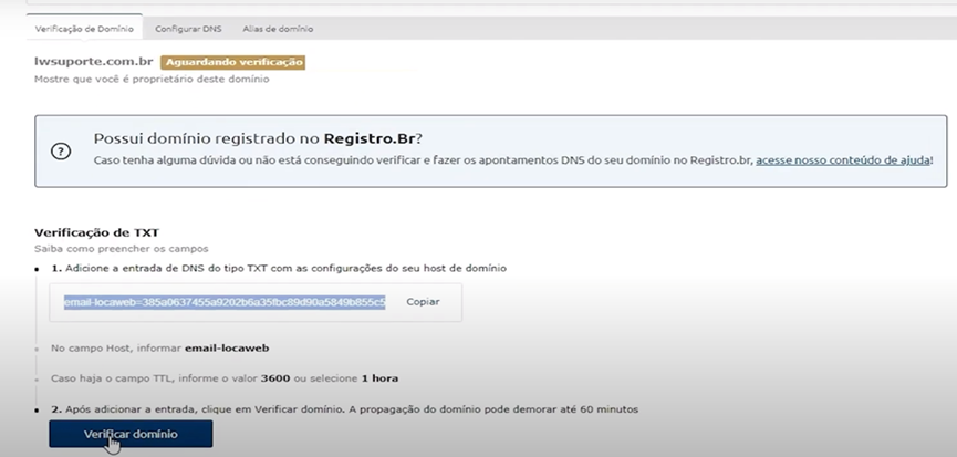 [Alt text: Imagem da aba de verificação de domínio destacando agora a segunda etapa do processo. Nesta etapa, há um texto indicando o que deve ser feito e um botão escrito “verificar domínio”.]