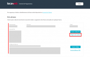 imagem da página inicial do site de Pagamentos Locaweb destacando o botão de pagar com o cartão que está logo abaixo da opção de copiar código pix.
