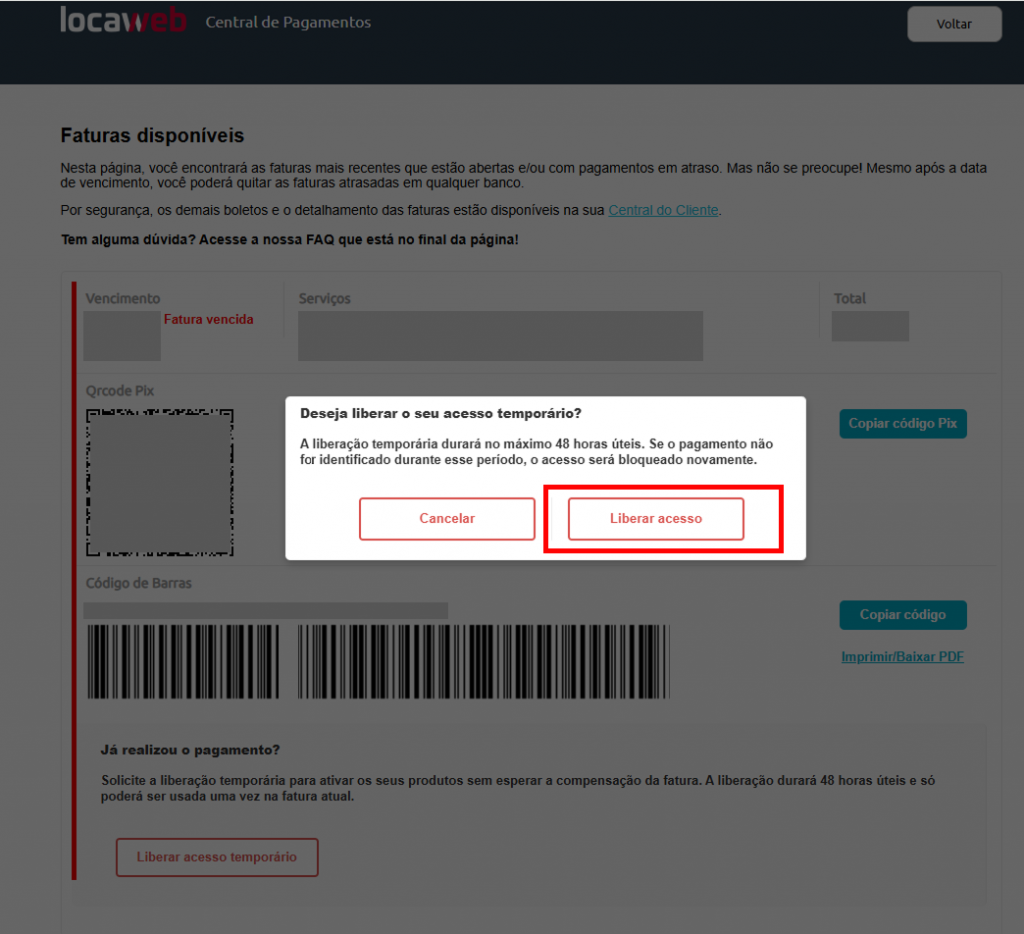 [Alt text: imagem da mensagem pedindo a confirmação da liberação temporária do acesso. O botão de liberar acesso está destacado.] (Imagem 5)