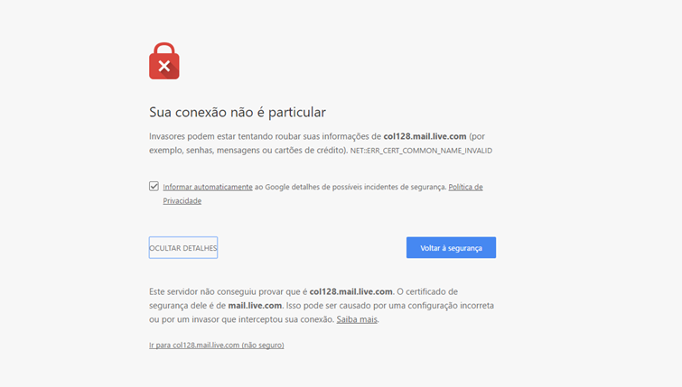 demonstração do erro NET::ERR_CERT_COMMON_NAME_INVALID 
