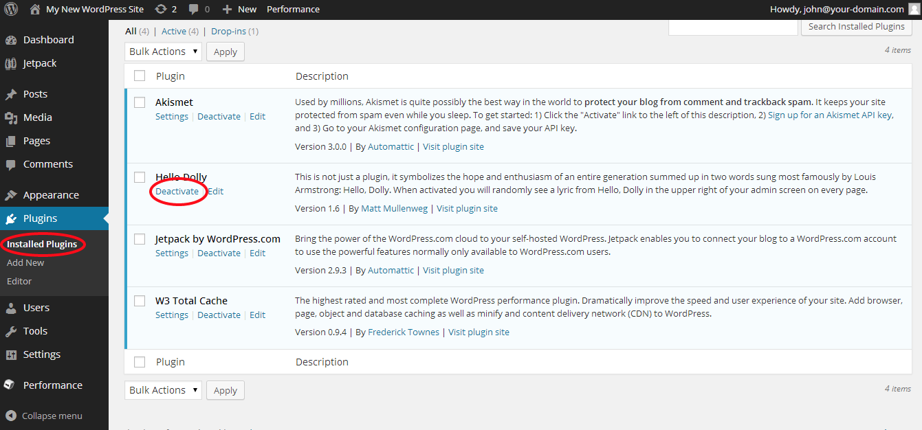 print de como desativar plugin no wordpress