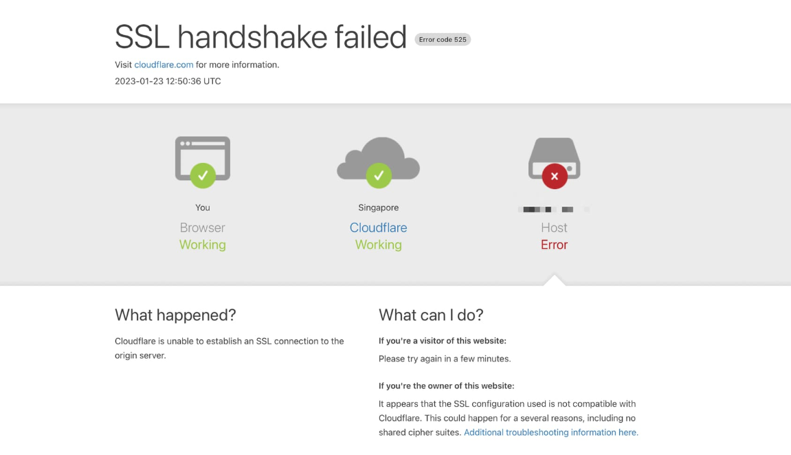 print de como ssl handshake failed (erro 525) aparece no navegador