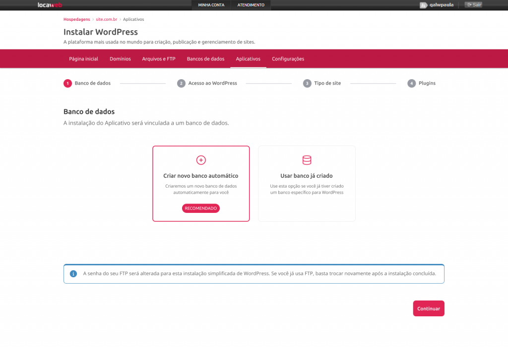 [IMAGEM 1: Texto Alternativo = Passo 1 na instalação do WordPress: seleção do Banco de dados]