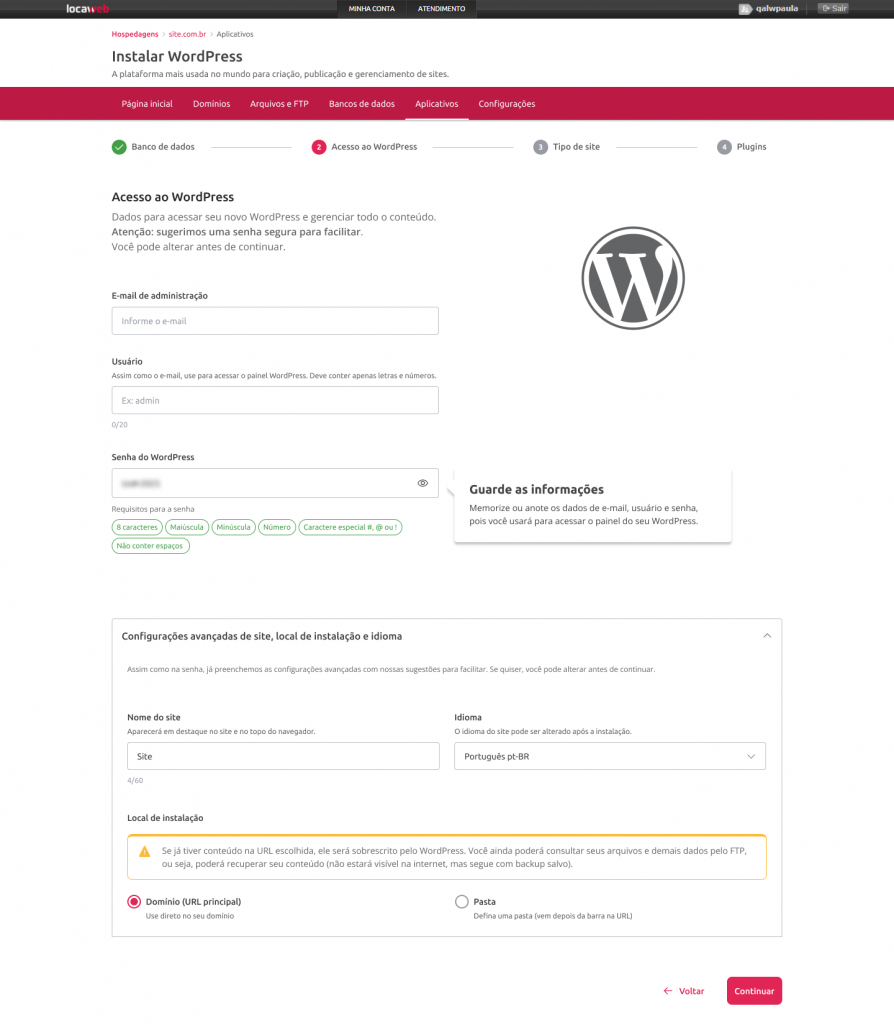 [IMAGEM 2: Texto Alternativo = Passo 2 na instalação do WordPress: definição de dados de acesso]