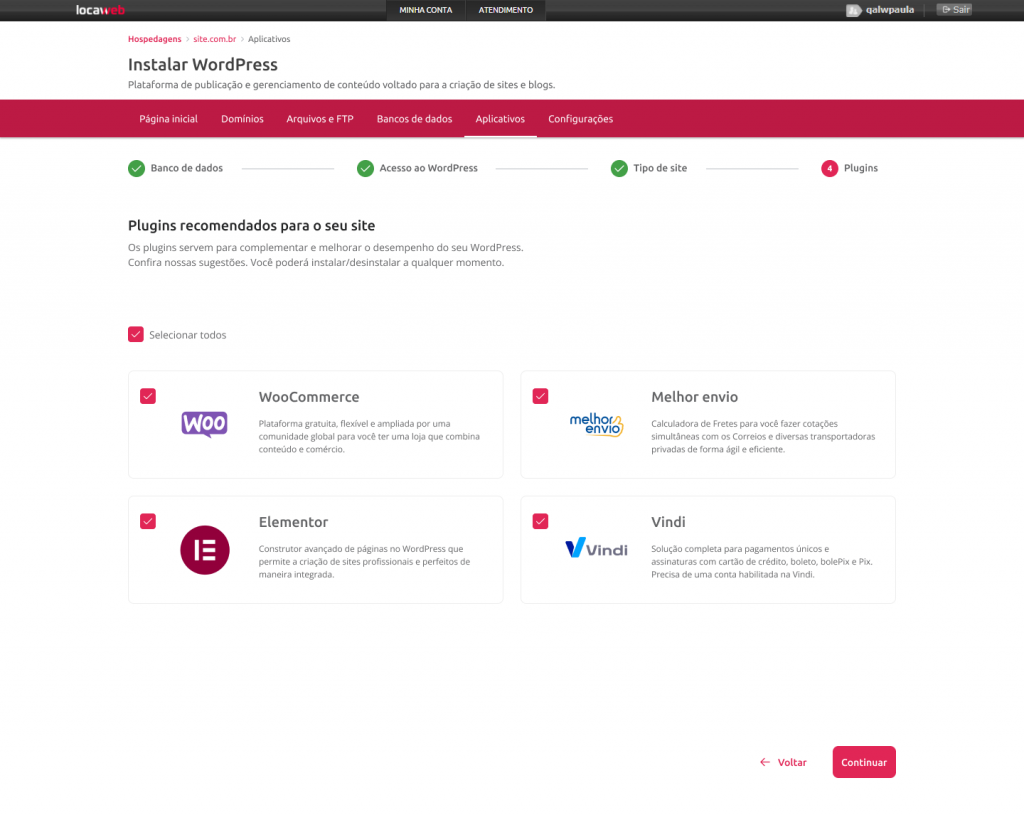 [IMAGEM 4: Texto Alternativo = Passo 4 na instalação do WordPress: escolha de plugins recomendados]