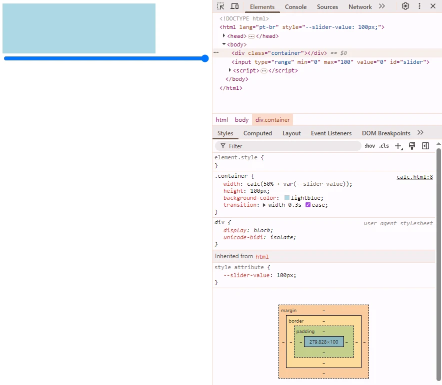 Imagem de uma barra de progresso azul clara com fundo branco, exibindo um controle deslizante de 100px de largura, com código HTML e CSS visíveis ao lado.