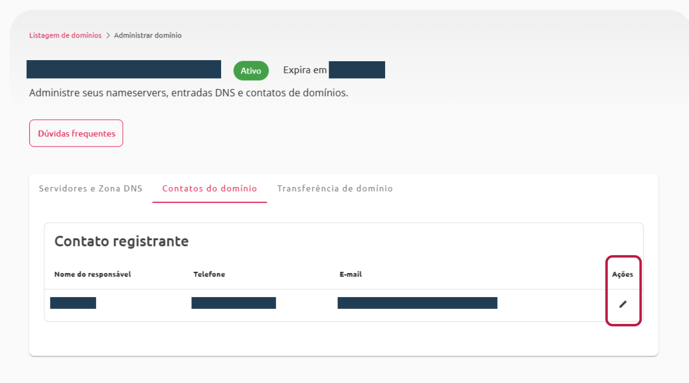 imagem da tela dos contatos do domínio. As informações disponíveis são nomes dos responsáveis, telefones e endereços de e-mail. No lado direito desses dados, está um ícone de lápis sinalizando a ação de editar informações.