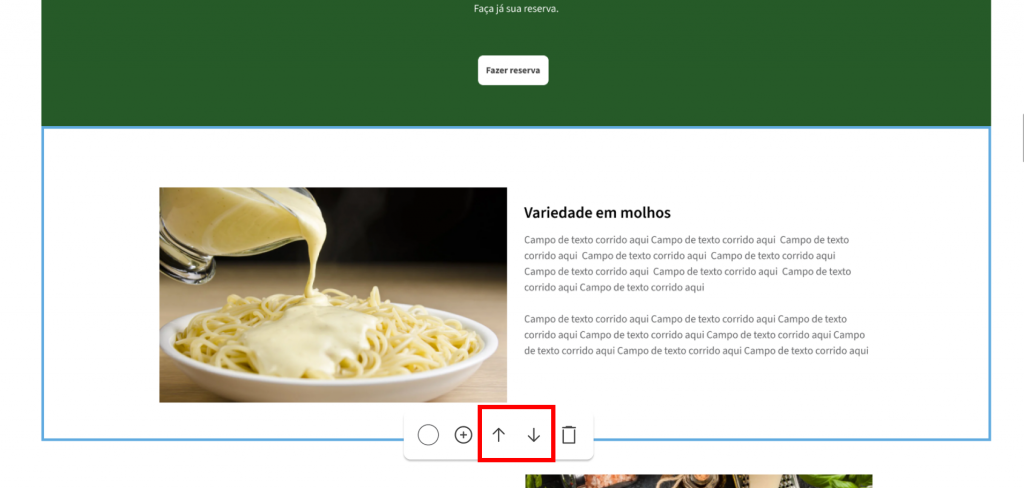 [Alt text: Imagem da seção selecionada com o menu de ferramentas na parte inferior. Os ícones para mover a seção para cima e mover a seção para baixo estão em destaque.](Seções -Wiki 01 - Imagem 06)
