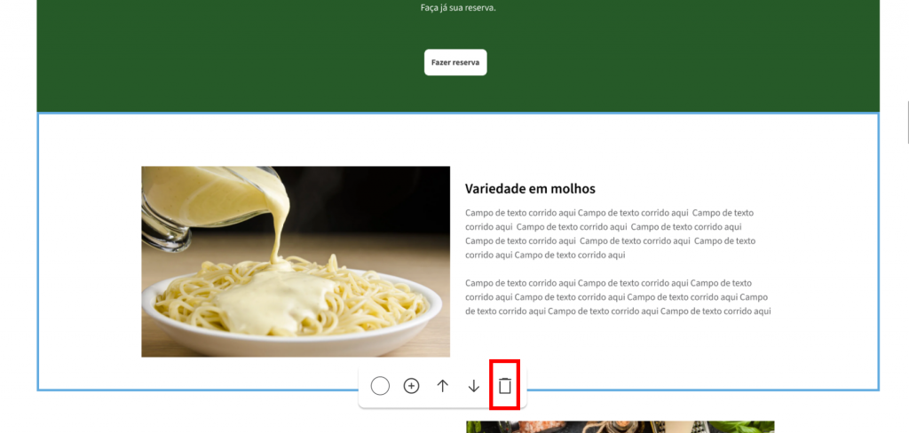 [Alt text: Imagem da seção selecionada com o menu de ferramentas na parte inferior. O ícone em formato de lixeira para excluir a seção está em destaque.](Seções -Wiki 01 - Imagem 08)