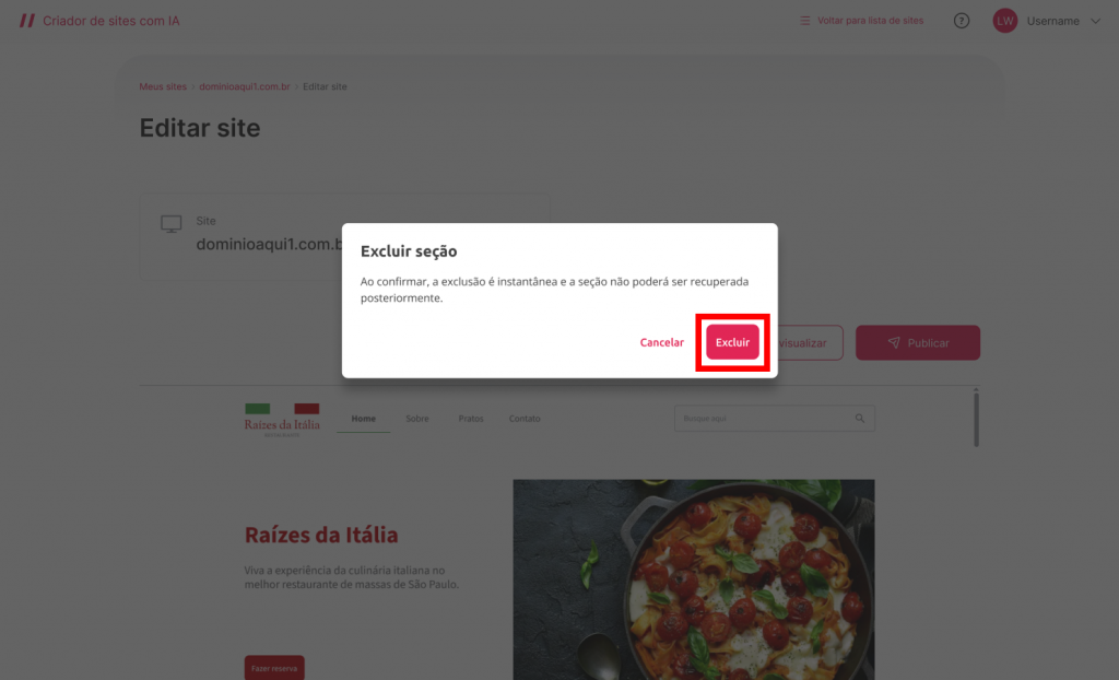 [Alt text: Imagem do aviso informando que o conteúdo não poderá ser recuperado. Na parte inferior da mensagem, o botão de excluir está em destaque.](Seções -Wiki 01 - Imagem 09)
