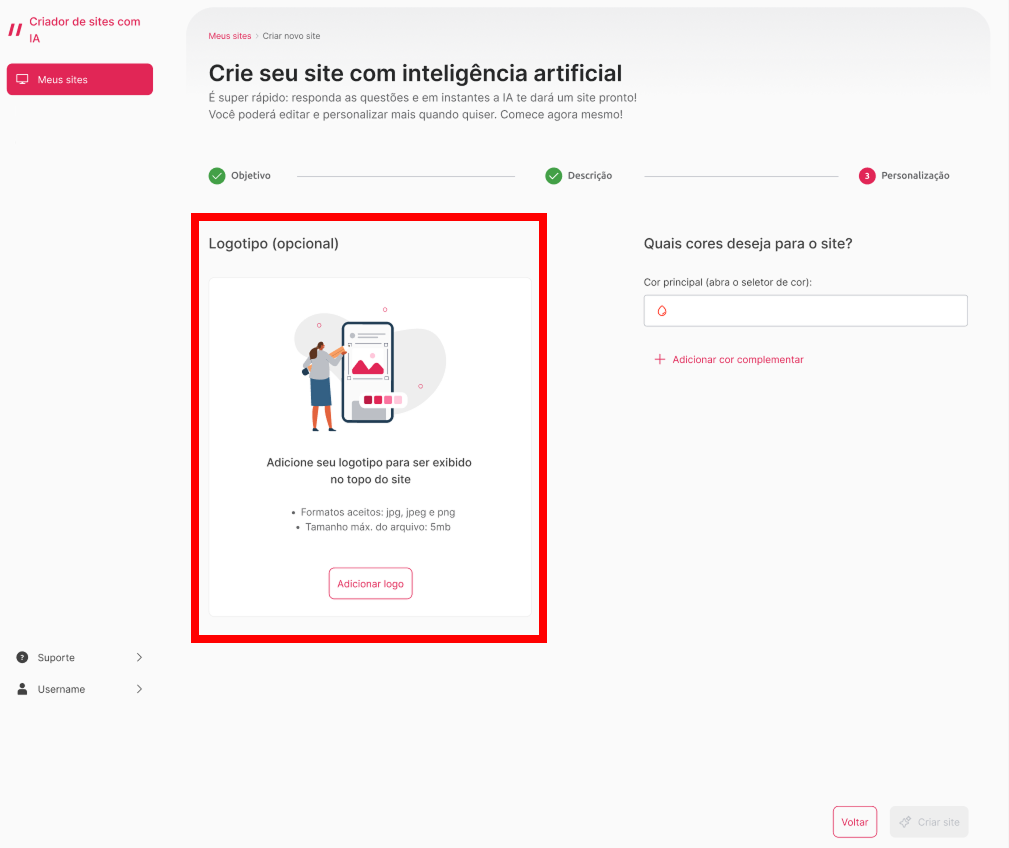 [Alt text: Imagem da terceira etapa de criação de um site. O lado esquerdo da página está em destaque, pois é onde está o botão para adicionar uma logo.](Site - Wiki 01 - Imagem 05)