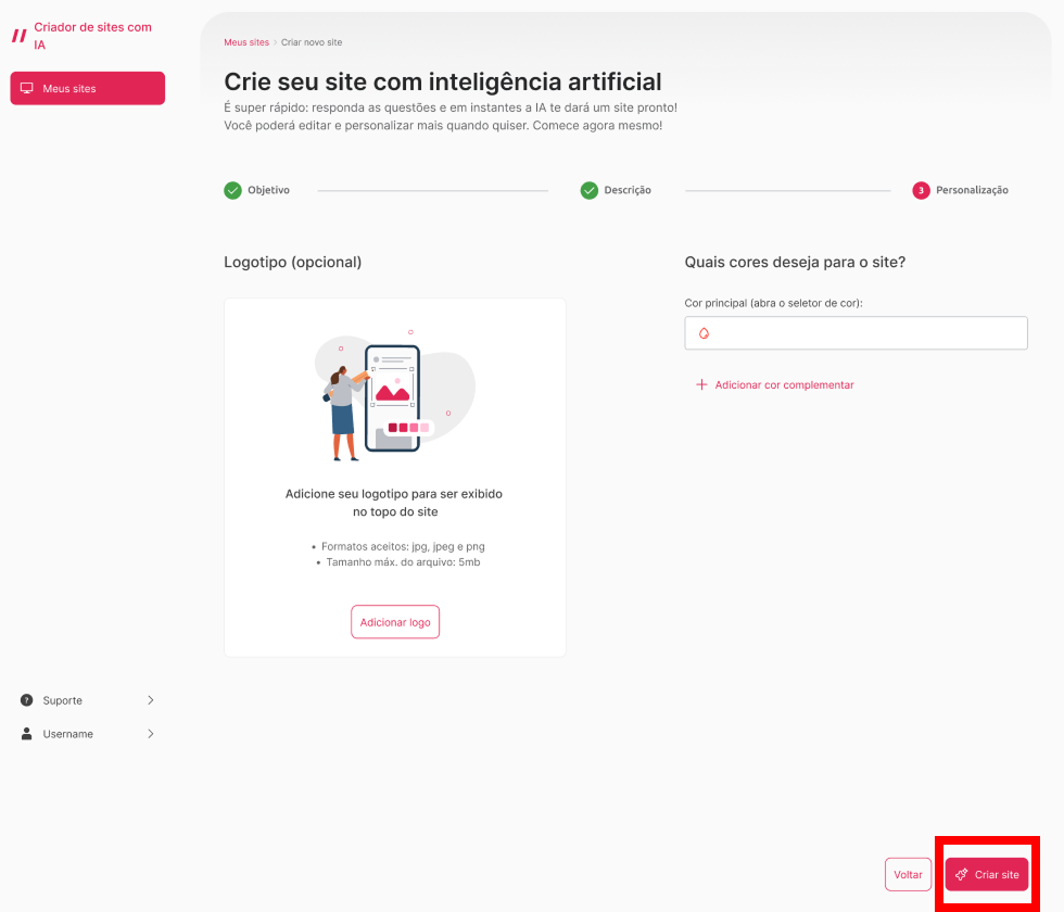 [Alt text: Imagem da terceira etapa de criação de um site. O botão para criar site está em destaque no fim da página.](Site - Wiki 01 - Imagem 06)