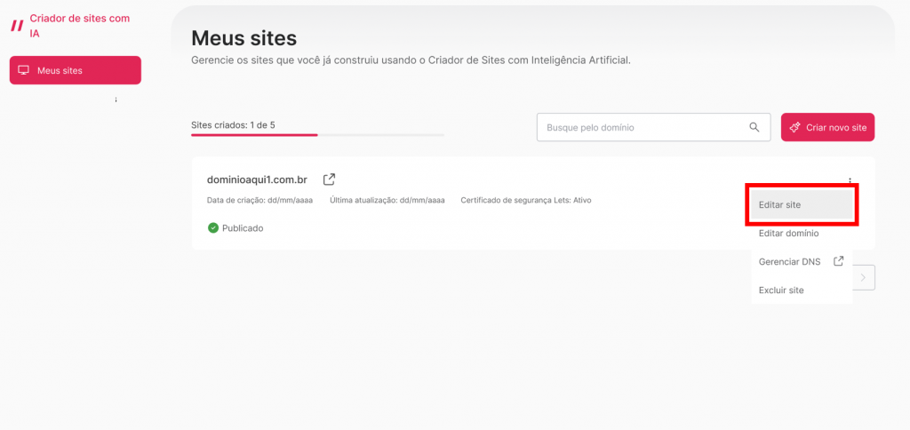 [Alt text: imagem da lista de sites disponíveis em uma conta. Um dos sites está com o menu de configurações aberto e a opção de editar site está em destaque. ](Site - Wiki 03 - Imagem 03)