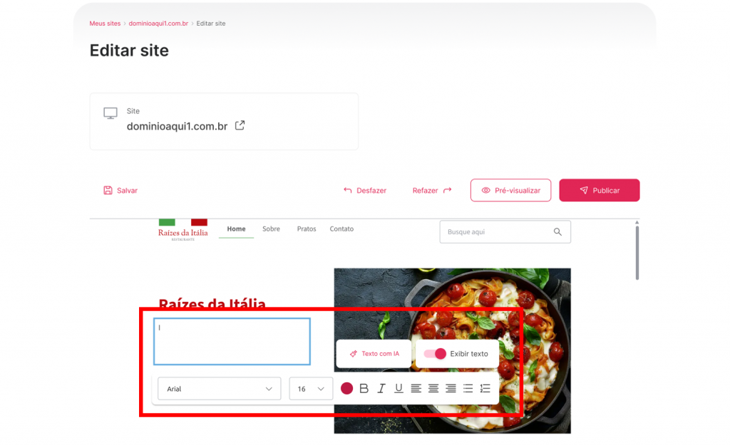 [Alt text: Imagem do campo selecionado. O campo está pronto para receber o novo texto e uma barra de ferramentas está aberta bem próxima ao campo para auxiliar com os estilos do texto.](Textos - Wiki 02 - Imagem 02)