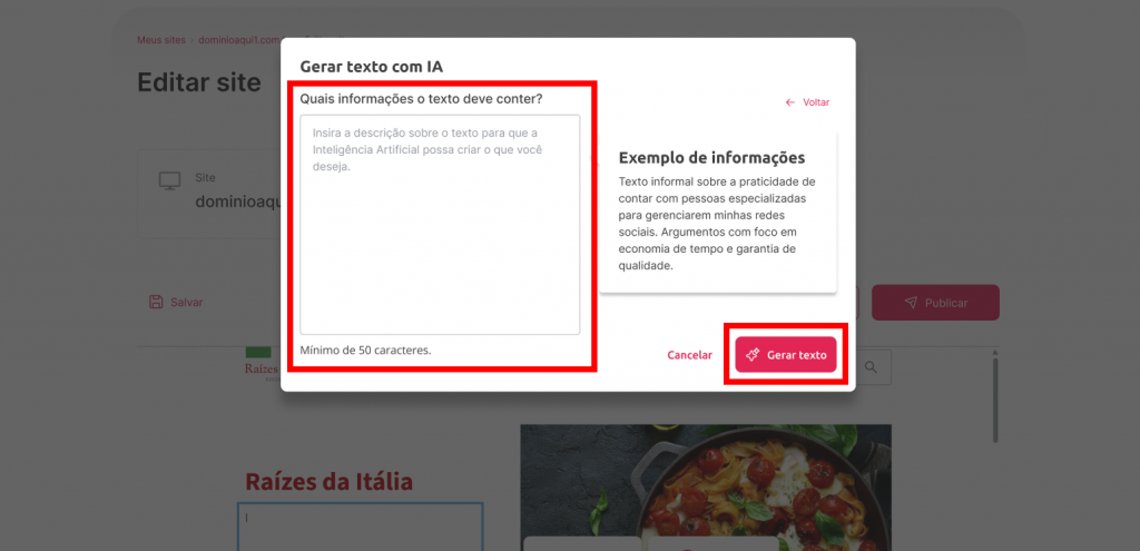 [Alt text: Imagem da área onde a descrição do texto deve ser inserida. Na parte esquerda, o campo está aberto e indica que a descrição deve ter no mínimo 50 caracteres. Na parte direita, os botões para cancelar e para gerar texto estão posicionados.](Textos - Wiki 03 - Imagem 04)