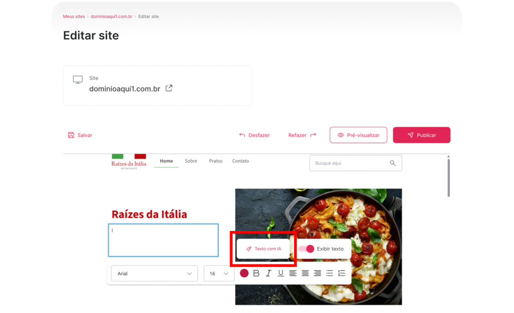 [Alt text: Imagem da barra de ferramentas que aparece logo abaixo do campo selecionado. No lado direito da barra, o botão de gerar texto com IA está em destaque.](Textos - Wiki 03 - Imagem 06)