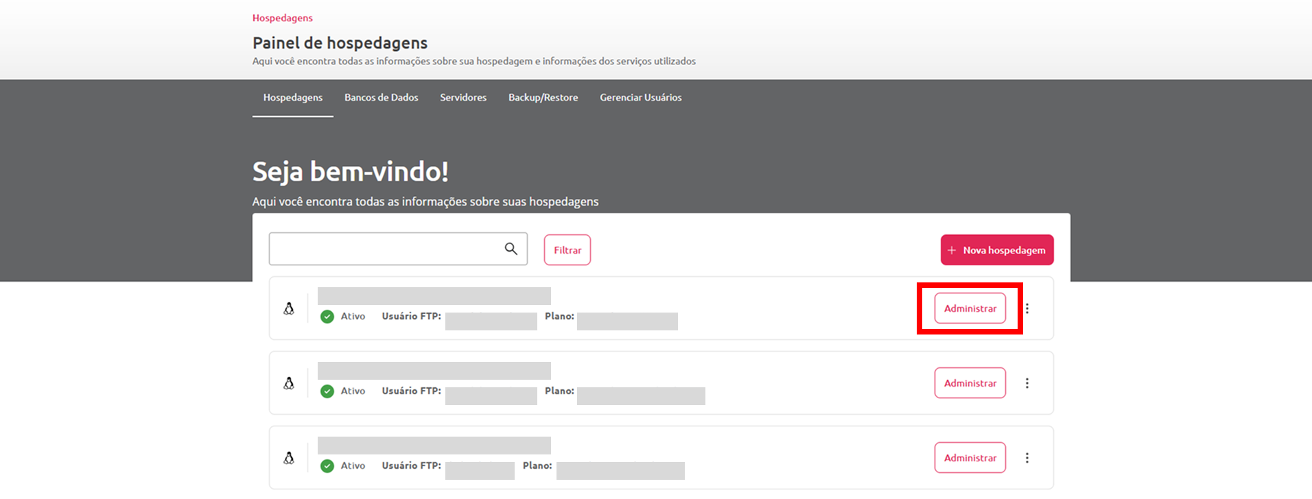 Imagem da página inicial da Hospedagem de Sites. O botão para administrar a primeira hospedagem da lista está em destaque. 