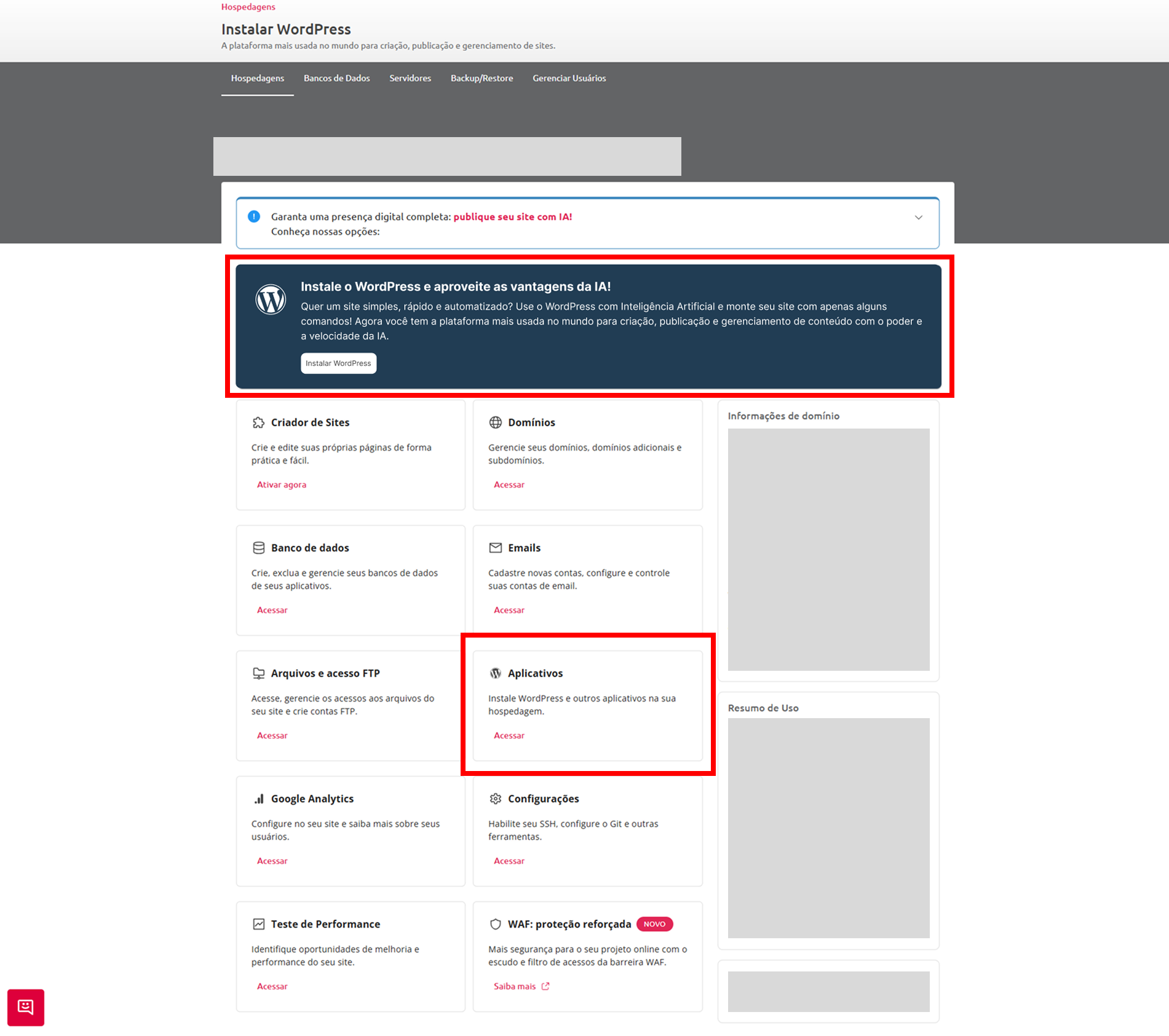 Imagem da área de administração do domínio selecionado. O banner na área superior da tela e a opção de aplicativos no meio da página estão em destaque.