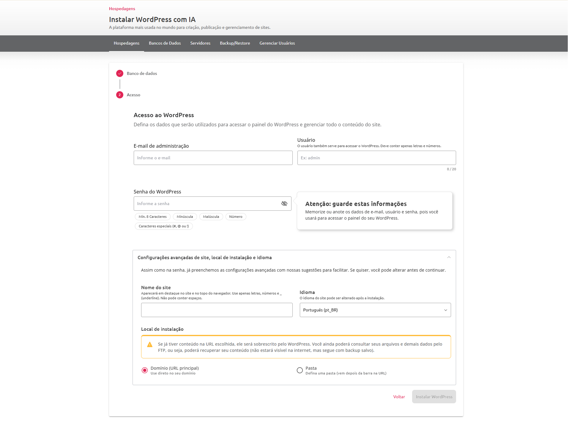 Imagem da segunda etapa de configuração do WordPress. Os campos que devem ser preenchidos estão abertos e posicionados na parte superior da página. Os campos que são opcionais estão na parte inferior.